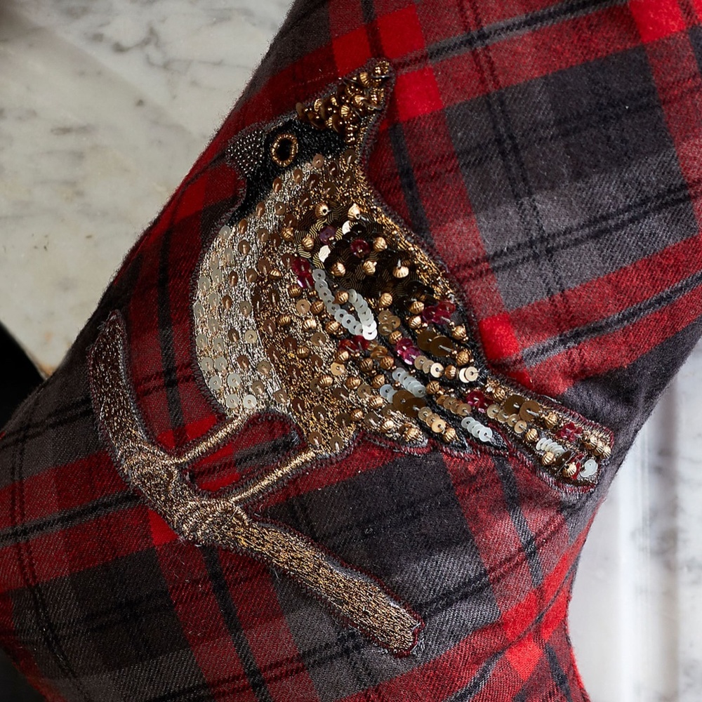 Embellished Jeweled Bird Plaid Christmas Stocking - Pottery Barn